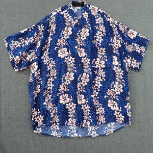Pacific Line Bora Bora Aloha Camp Shirt Mens XL Deep Blue w Hibiscus